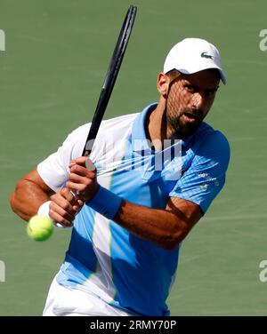 Flushing Meadow, Usa. 30. August 2023. Novak Djokovic aus Serbien kehrt einen Ball an Bernabe zurück.Zapata Miralles aus Spanien im Arthur Ashe Stadium bei den US Open Tennis Championships 2023 im USTA Billie Jean King National Tennis Center am Mittwoch, den 30. August 2023 in New York City. Foto von John Angelillo/UPI Credit: UPI/Alamy Live News Stockfoto