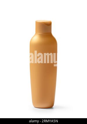 Plastikflasche mit goldener Farbe für Gel, Lotion, Creme, Shampoo auf weißem Hintergrund. Verpackung, Behälter für kosmetische Mittel für das Gesicht Stockfoto