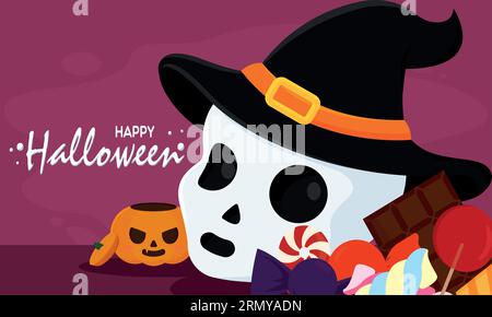 Niedliches Skelett mit Hexenhut und Süßigkeiten Happy halloween Vector Stock Vektor