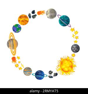 Space Planet Wreath Clipart. Wasserfarben-Sonnensystem-Illustration, Sonne, Mond, Erde, Saturn, andere Planeten, Asteroiden, Sterne, Kometen. COSMOS Dekor für Stockfoto