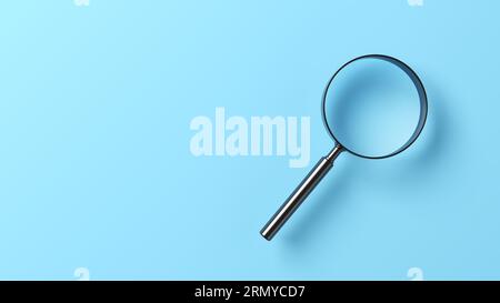 Lupe auf blauem Hintergrund. Isoliert. 3D-Abbildung. Stockfoto