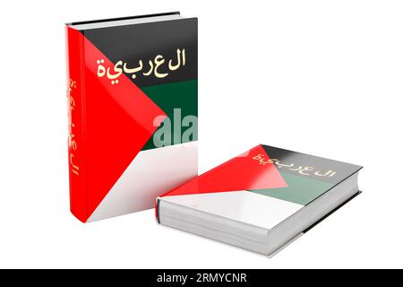 Arabischkurse. Arabische Lehrbücher, 3D-Rendering isoliert auf weißem Hintergrund Stockfoto