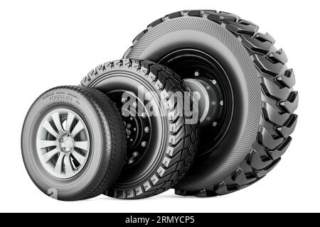 Autorad, Lkw-Räder. Automatische Räder in verschiedenen Größen, 3D-Rendering isoliert auf weißem Hintergrund Stockfoto