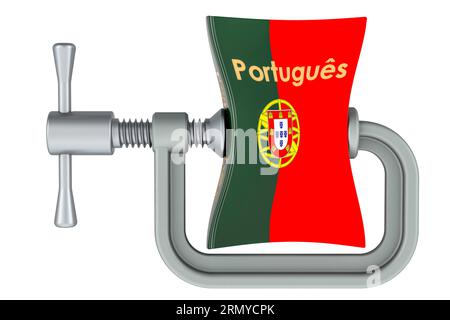 Das portugiesische Lehrbuch wurde in eine Klemme gedrückt. Intensivkurs Portugiesisch, Konzept. 3D-Rendering isoliert auf weißem Hintergrund Stockfoto