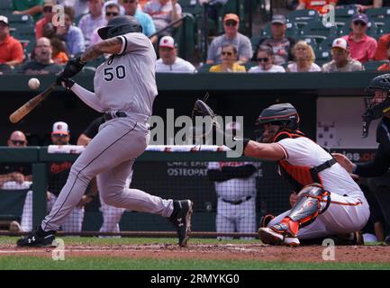 Baltimore, USA. 30. August 2023. BALTIMORE, MD - AUGUST 30: Der zweite Baseman der Chicago White Sox, Lenyn Sosa (50), trifft am 30. August 2023 im Orioles Park in Camden Yards in Baltimore, Maryland, Kontakt zu einem MLB-Spiel zwischen den Baltimore Orioles und den Chicago White Sox. (Foto: Tony Quinn/SipaUSA) Credit: SIPA USA/Alamy Live News Stockfoto