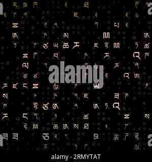 Abstrakter Matrix-Hintergrund mit zufälligen Buchstaben des tibetischen Alphabets. Stock Vektor