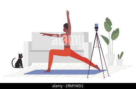 Pilates Blogger nimmt neues Training auf. Online-Fitness-Übung, Stretching-Lektionen Zeichentrickvektor-Illustration Stock Vektor