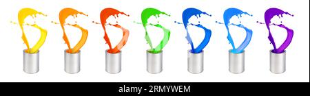 Farbe in verschiedenen Farben, die aus Dosen auf weißem Hintergrund spritzt Stockfoto