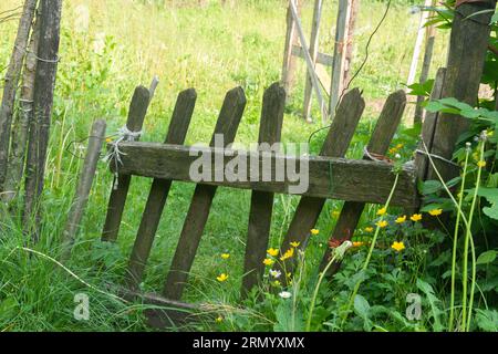 Rustikaler alter Zaun und Tor auf bewachsenem Feld im ländlichen Italien. Stockfoto