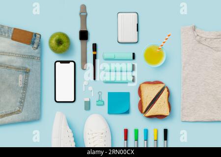 Die Wohnung für den Schulanfang ist mit einem Mobiltelefon-Mockup auf blauem Hintergrund versehen. Persönliche Accessoires und Schulsachen flach liegend. Stockfoto