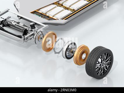 Isometrische Explosionsansicht des Radmotors isoliert auf weißem Hintergrund. Generisches Design. 3D-Rendering-Illustration. Stockfoto