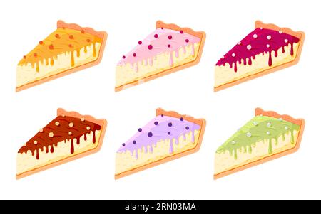 Stückkuchen Käsekuchen-Frosting isometrisches Flachset. Kuchen Obst Beere Schokolade Matcha Himbeere Zitrus Heidelbeere köstlicher Geburtstag süßes Dessert Element Party Einladung Grußkarte Bäckerei Café Menü Stock Vektor