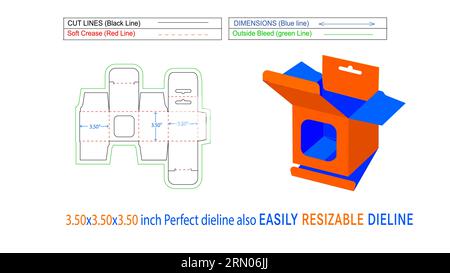 Rechteckige hängende Fensterbox, 3,50 x 3,50 x 3,50 Zoll, mobiles Ladegerät mit Schnappverschluss, Stanzschablone und 3D-Box Stock Vektor