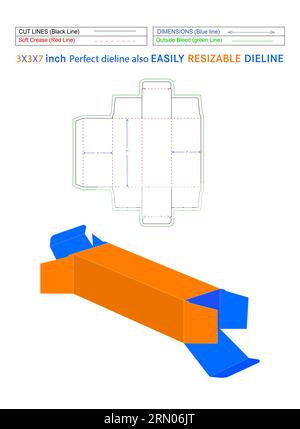 Gerade Boxen mit versenkten Enden, die eine Drucklinienvorlage (3 x 3 x 7 Zoll) und eine 3D-Vektorfeile verpacken Stock Vektor