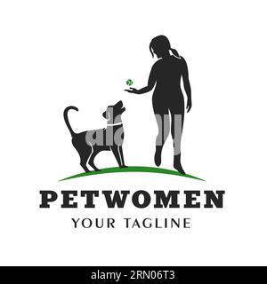 Die Silhouette der Frau, die mit dem Hund spielt. Hundeschule Tierliebhaber Illustration Design Stock Vektor