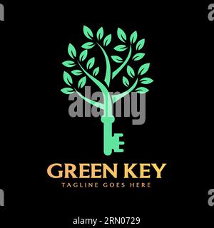 Schlüssel mit Retro Vintage Green Leaf Tree Plant Logo Design Vektor auf dunklem Hintergrund. Stock Vektor