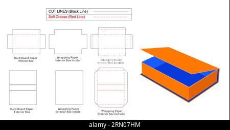 Starre Box, magnetischer Schließer, Luxus, 3 mm Seitenabdeckung, starre Boxen, die-Line-Schablone und 3D-Box Stock Vektor