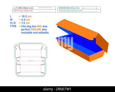 Große Hot Dog Box Perfect die Line 19,5 x 6,5 x 7,5 mm Größe oder Burger Box die-Cut Vorlage Selbstmontage umweltfreundlich, kein Klebstoff erforderlich Box, Fast Food Stock Vektor