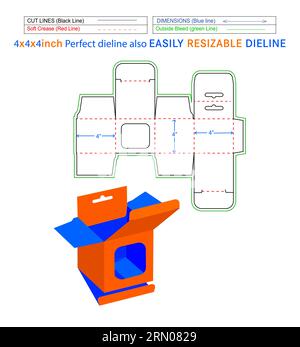 Aufhängende Fensterbox, quadratische mobile Ladebox mit Schnappverschluss, 4x4 Zoll Box die-Line-Verpackung und 3D Box Stock Vektor