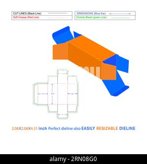 Benutzerdefinierte gerade Falzbox 2,06 x 2,06 x 4,31 Zoll Stanzlinenvorlage und 3D-Vektordatei Stock Vektor