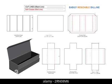 Faltbare weinfeste Box, faltbare starre Box die-Line-Vorlage mit 3D-Vektorfeile Stock Vektor