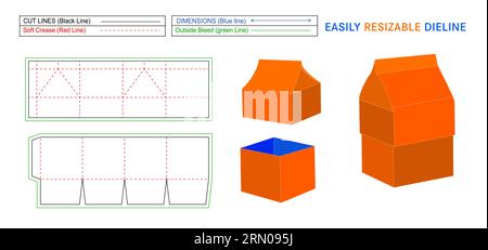 Geburtstagsgeschenkbox, individuelle Geschenkbox im Hausstil die-Line-Vorlage und 3D-GB-Renderfunktion für Vektordateien mit veränderlicher Größe und Bearbeitung Stock Vektor