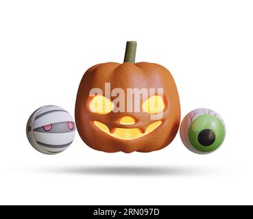 Glückliches Halloween mit einem Kürbis 3D, der eine weiße Hintergrundfarbe wiedergibt Stockfoto
