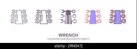 Schraubenschlüsselsymbole Vektor Flach. Ein Satz Schlüsselsymbole mit 5 Stilen. Vektorillustration isoliert auf weißem Hintergrund. Stock Vektor