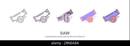 Vektorsatz mit realistischen Bügelsägen-Symbolen. Säge für Garten. Handsäge Illustration, Metall, Holz und Porenbeton. Vektorillustration Stock Vektor