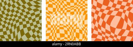 Groovende Schachbretthintergründe. Farbenfrohe Kollektion im Retro-Stil mit wellenförmigem Karomuster. Vintage psychedelische verzerrte Gingham-Tapeten. Funky gedrehter Käfig im Stil der 60er, 70er, 80er Jahre. Vektorpaket Stock Vektor