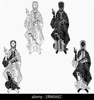 Vektorentwurf des Heiligen Jakobus des Apostels mit einem Codex, christliche Kunst aus dem Mittelalter Stock Vektor