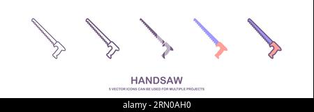 Vektorsatz mit realistischen Bügelsägen-Symbolen. Säge für Garten. Handsäge Illustration, Metall, Holz und Porenbeton. Vektorillustration Stock Vektor