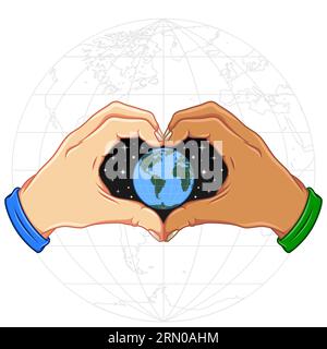 Vektor-Design Hände bilden ein Herz mit dem Planeten Erde, als Symbol des Schutzes der Natur Stock Vektor
