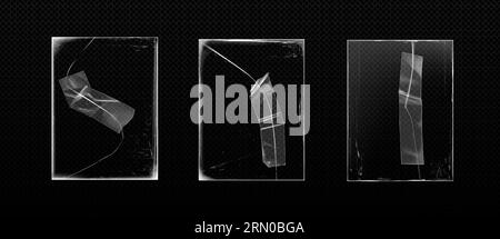 Realistisches Set aus gebrochenem Glas mit Klebeband auf Rissen isoliert auf transparentem Hintergrund. Vektorillustration eines beschädigten Fensters oder Spiegels, reparierter Gadget-Bildschirm, alte weiße Kratzer an den Kanten Stock Vektor
