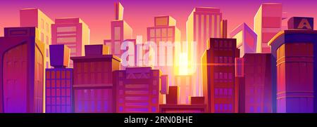 Wunderschöner Sonnenaufgang hinter modernen Stadtgebäuden. Vektor-Karikaturillustration der städtischen Landschaft am frühen Morgen mit Wohnung und Büro-Wolkenkratzern, rosa Himmel mit heller Sonne. Hintergrund der Stadtlandschaft Stock Vektor