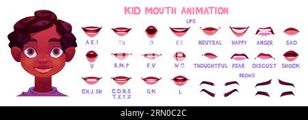 Afrikanisch-amerikanischer Teenie-Mund-Animationsset isoliert auf weißem Hintergrund. Vektor-Karikaturillustration der männlichen Lippensynchronsammlung, Klangaussprache, Sprachkonstruktor, traurige und wütende Emotionen Stock Vektor