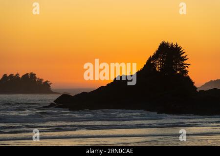 Cox Bay Beach bei Sonnenuntergang mit Silhouetten am Sunset Point, Tofino, Vancouver Island, British Columbia, Kanada. Stockfoto