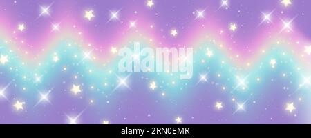 Welliger abstrakter Rainbow-Hintergrund. Fantasy-Einhornhimmel mit Sternen. Lila holographische Galaxie mit Glitzer. Vektorfeen-Tapete. Stock Vektor