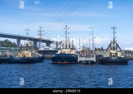 Bilder aus dem Hafen von Melbourne an einem schönen sonnigen Tag, mit Schwerpunkt auf Schleppern, die auf Arbeit warteten. Stockfoto