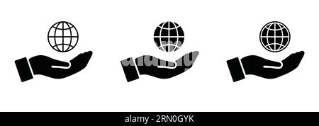 Globus-Symbol mit Hand-Symbol. internet-Symbol auf der Hand dreier-Set schwarz. Isoliertes www-Websymbol auf Hand-Vektor-Illustration. Stock Vektor