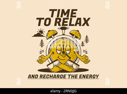 Time to relax and recharge energy, alarm clock mascot character in meditation pose, design in vintage style Stock Vector