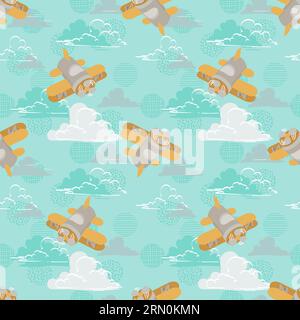 Spielzeugflugzeuge unter flauschigen Wolken auf blauem Hintergrund Stock Vektor