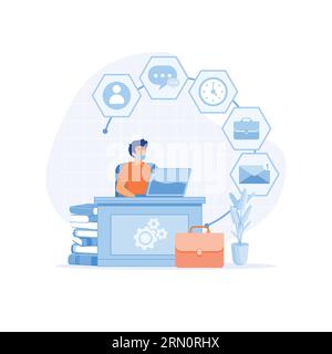 Home Office-Konzept. Mann arbeitet von zu Hause aus mit Laptop. Flache Vektor-moderne Illustration Stock Vektor
