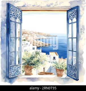 Vintage-Illustration mit blauem Fenster Meer griechenland Aquarell Stock Vektor