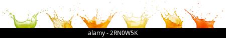 Set von Fruchtsaftspritzern isoliert auf weißem Hintergrund. Reales Bild. Stockfoto
