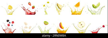 Set aus Fruchtscheiben und Beeren, die in Saftspritzer fallen, in einer Linie isoliert auf weißem Hintergrund. Authentische Studiofotos von gesunden Getränken. Stockfoto