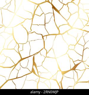 Gold Kintsugi Reparatur Risse Hintergrund Textur Vektor Illustration isoliert auf weißem Hintergrund. Stock Vektor