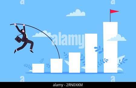 Geschäftsmann springt Stabhochsprung über Diagrammbalken flache Design Vektor-Illustration Stock Vektor