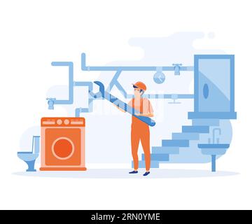 Hauswartungskonzept. Dach- und Kellerservice, Austausch und Installation von Fenstern und Türen, Glasscherben, flacher Vektor, moderne Illustration Stock Vektor