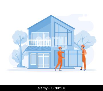 Hauswartungskonzept. Dach- und Kellerservice, Austausch und Installation von Fenstern und Türen, Glasscherben, flacher Vektor, moderne Illustration Stock Vektor